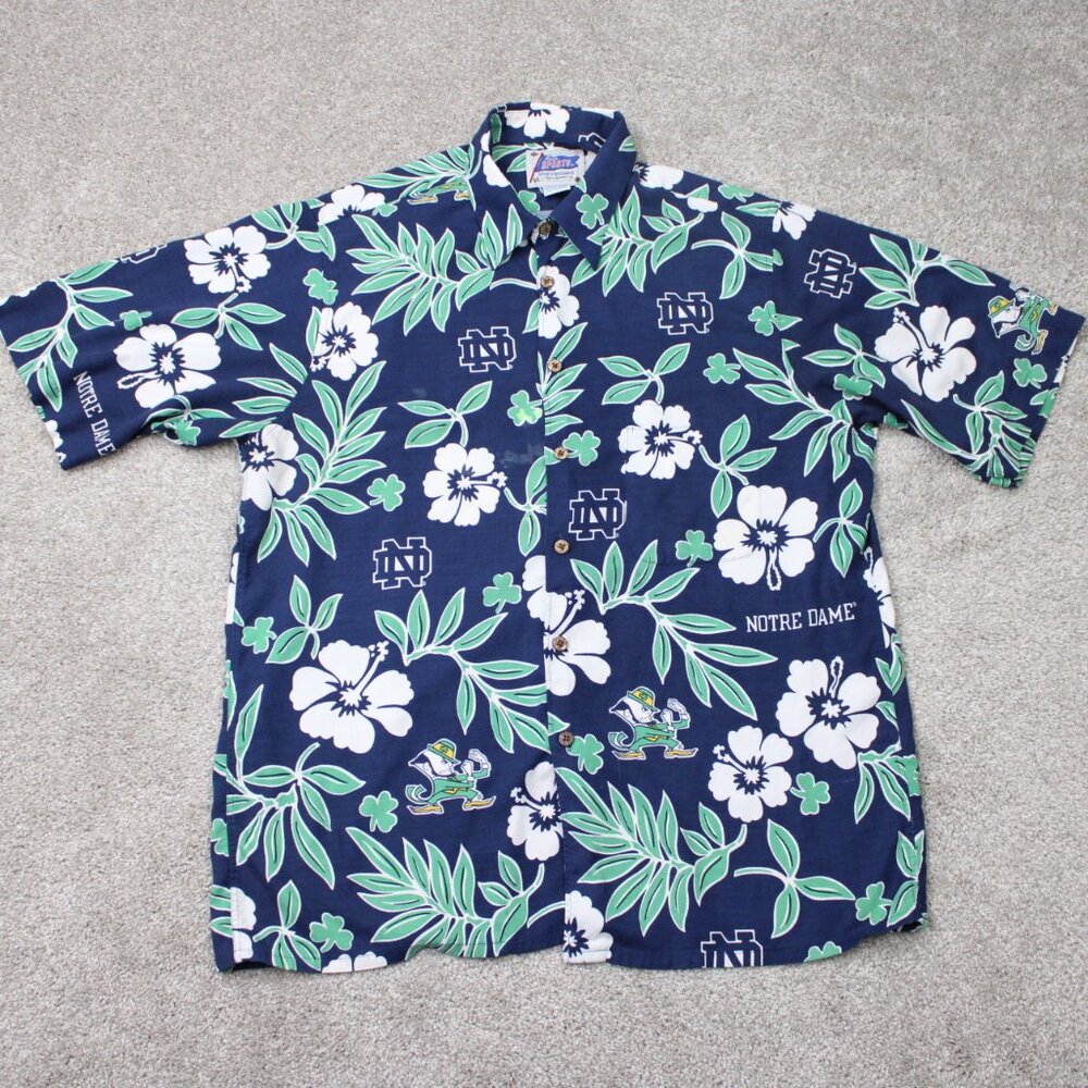 Reyn Spooner Notre Dame Shirt Men Large Blue Floral VTG Fighting Irish Button Up